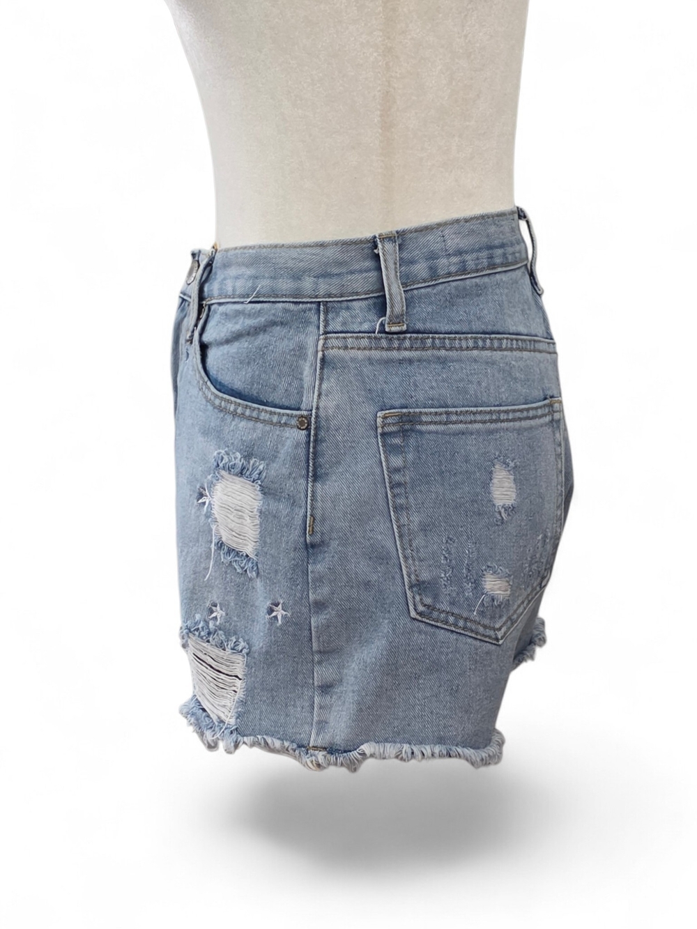 Wish List High-Rise Star Embroidered Distressed Denim Shorts - Light Blue - Picture 4 of 7